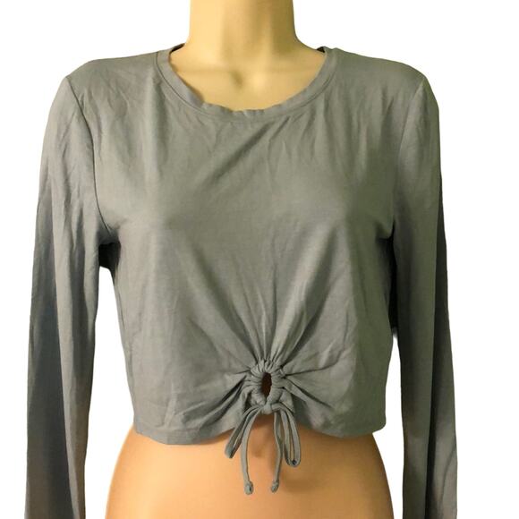 Forever 21 Dusty Blue Knit Crop Top Juniors Size Large Long Sleeves Tie Front - Picture 1 of 6